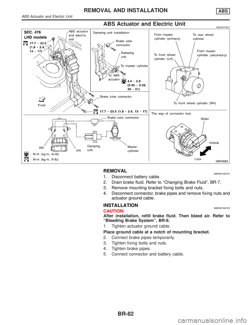 INFINITI QX4 2001 Factory Service Manual ABS Actuator and Electric UnitNBBR0079S07
SBR468E
REMOVALNBBR0079S07011. Disconnect battery cable.
2. Drain brake fluid. Refer to ªChanging Brake Fluidº, BR-7.
3. Remove mounting bracket fixing bolt INFINITI QX4 2001 Factory Service Manual ABS Actuator and Electric UnitNBBR0079S07
SBR468E
REMOVALNBBR0079S07011. Disconnect battery cable.
2. Drain brake fluid. Refer to ªChanging Brake Fluidº, BR-7.
3. Remove mounting bracket fixing bolt