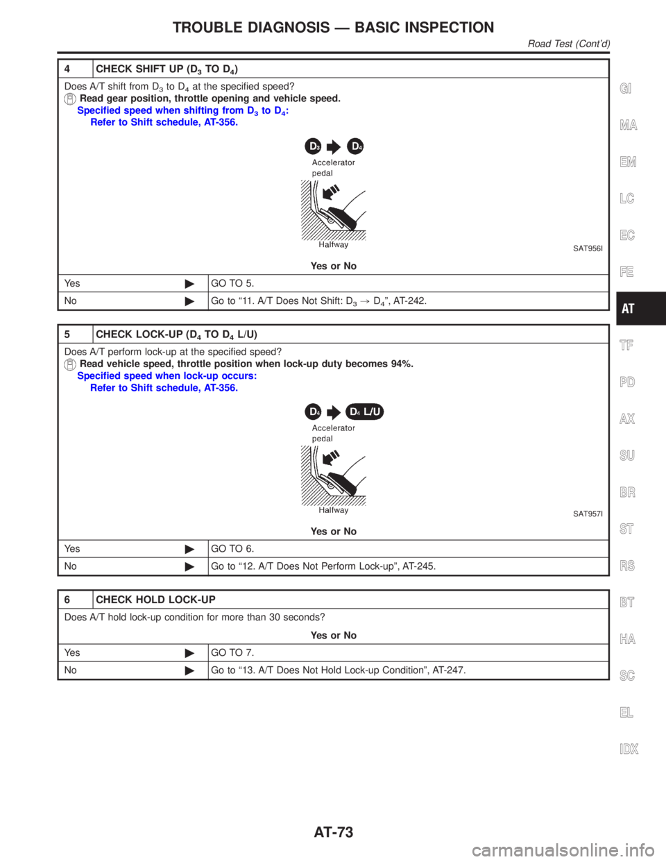 INFINITI QX4 2001  Factory Manual PDF 4 CHECK SHIFT UP (D3TO D4)
Does A/T shift from D3to D4at the specified speed?
Read gear position, throttle opening and vehicle speed.
Specified speed when shifting from D
3to D4:
Refer to Shift schedu