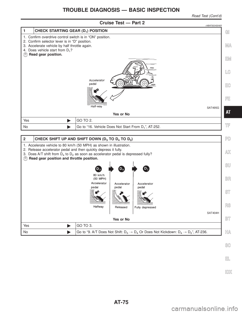 INFINITI QX4 2001 Factory Service Manual Cruise Test Ð Part 2=NBAT0024S0405
1 CHECK STARTING GEAR (D1) POSITION
1. Confirm overdrive control switch is in ªONº position.
2. Confirm selector lever is in ªDº position.
3. Accelerate vehicle INFINITI QX4 2001 Factory Service Manual Cruise Test Ð Part 2=NBAT0024S0405
1 CHECK STARTING GEAR (D1) POSITION
1. Confirm overdrive control switch is in ªONº position.
2. Confirm selector lever is in ªDº position.
3. Accelerate vehicle