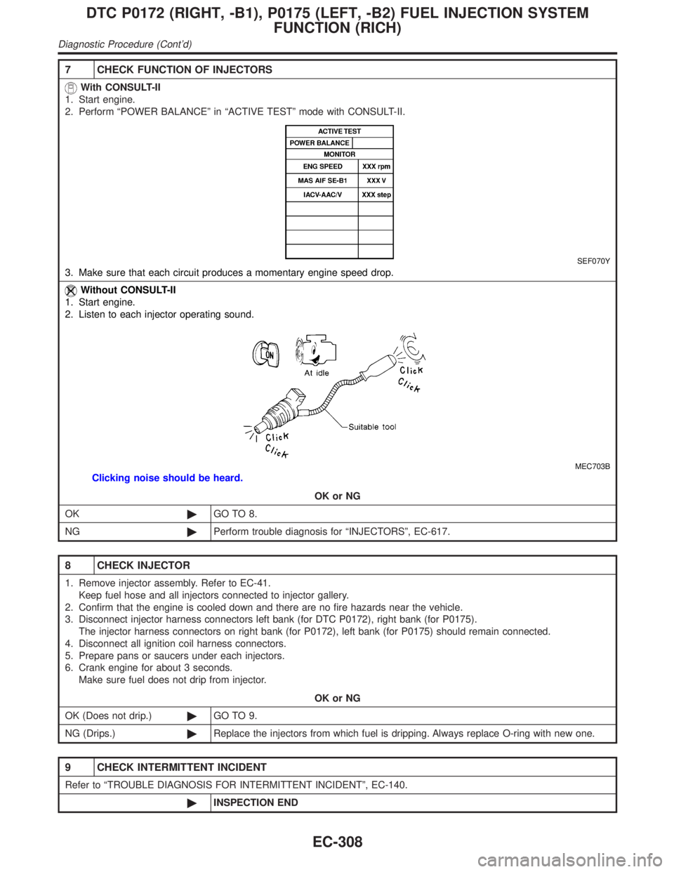 INFINITI QX4 2001 Factory Service Manual 7 CHECK FUNCTION OF INJECTORS
With CONSULT-II
1. Start engine.
2. Perform ªPOWER BALANCEº in ªACTIVE TESTº mode with CONSULT-II.
SEF070Y
3. Make sure that each circuit produces a momentary engine INFINITI QX4 2001 Factory Service Manual 7 CHECK FUNCTION OF INJECTORS
With CONSULT-II
1. Start engine.
2. Perform ªPOWER BALANCEº in ªACTIVE TESTº mode with CONSULT-II.
SEF070Y
3. Make sure that each circuit produces a momentary engine