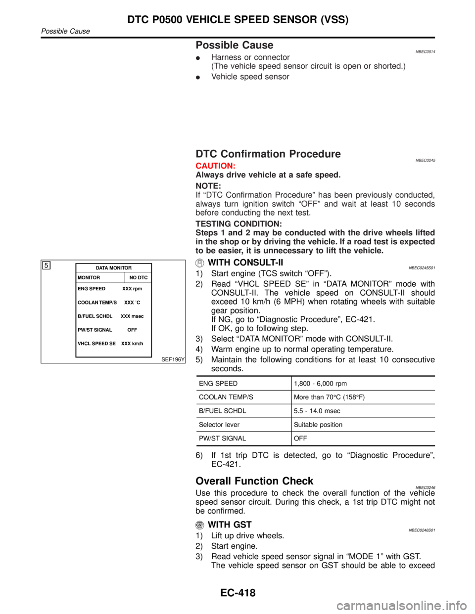 INFINITI QX4 2001 Factory Service Manual Possible CauseNBEC0514IHarness or connector
(The vehicle speed sensor circuit is open or shorted.)
IVehicle speed sensor
DTC Confirmation ProcedureNBEC0245CAUTION:
Always drive vehicle at a safe speed INFINITI QX4 2001 Factory Service Manual Possible CauseNBEC0514IHarness or connector
(The vehicle speed sensor circuit is open or shorted.)
IVehicle speed sensor
DTC Confirmation ProcedureNBEC0245CAUTION:
Always drive vehicle at a safe speed