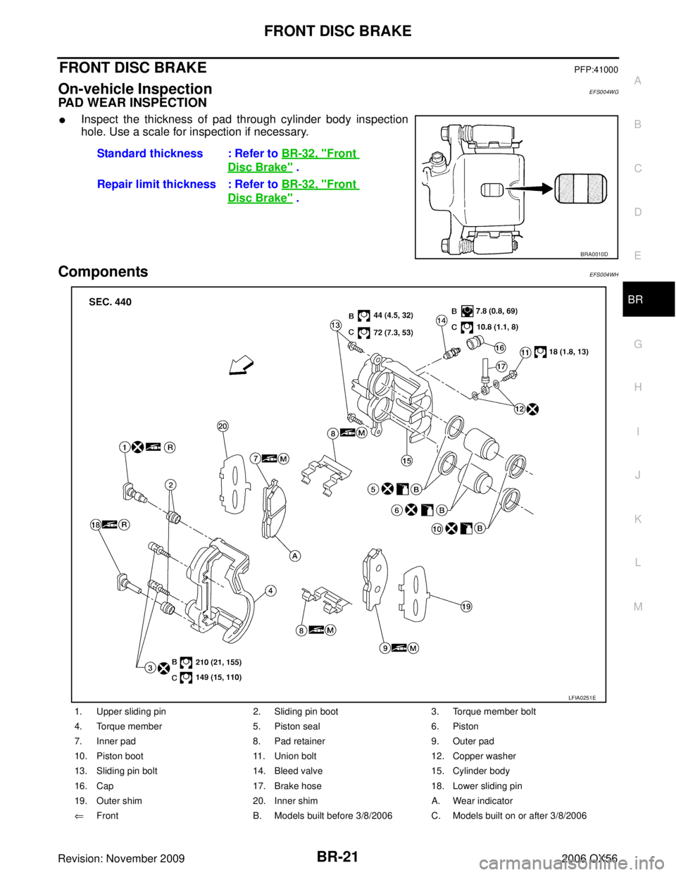 INFINITI QX56 2006  Factory Service Manual FRONT DISC BRAKEBR-21
C
DE
G H
I
J
K L
M A
B
BR
Revision: November 2009 2006 QX56
FRONT DISC BRAKEPFP:41000
On-vehicle InspectionEFS004WG
PAD WEAR INSPECTION
Inspect the thickness of pad through cyli