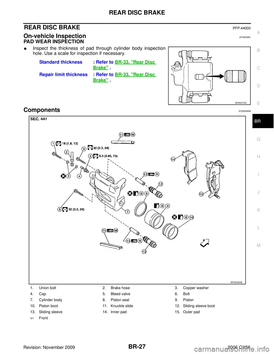 INFINITI QX56 2006  Factory Service Manual REAR DISC BRAKEBR-27
C
DE
G H
I
J
K L
M A
B
BR
Revision: November 2009 2006 QX56
REAR DISC BRAKEPFP:44000
On-vehicle InspectionEFS004WL
PAD WEAR INSPECTION
Inspect the thickness of pad through cylind