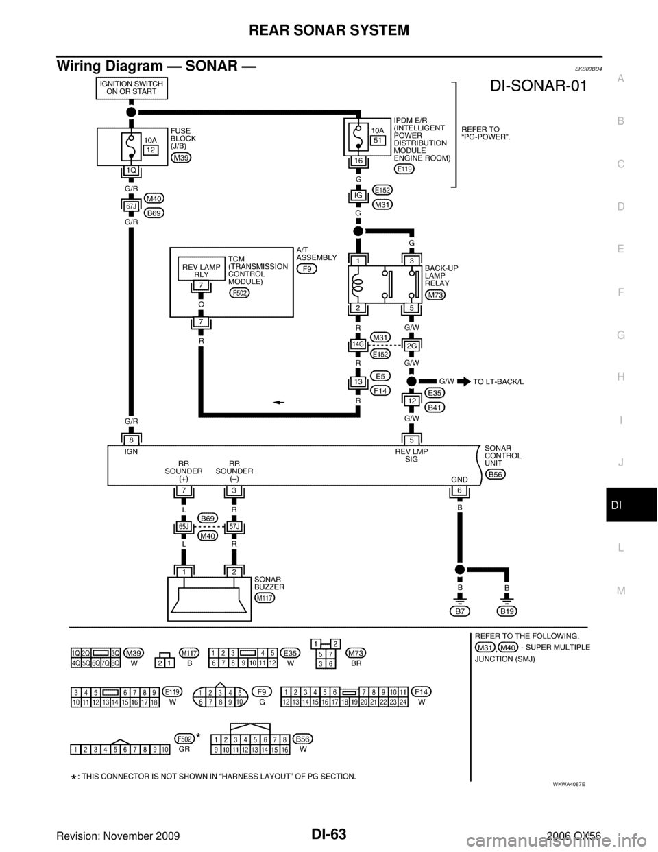 INFINITI QX56 2006  Factory Manual PDF REAR SONAR SYSTEMDI-63
C
DE
F
G H
I
J
L
M A
B
DI
Revision: November 2009 2006 QX56
Wiring Diagram — SONAR —EKS00BD4
WKWA4087E 