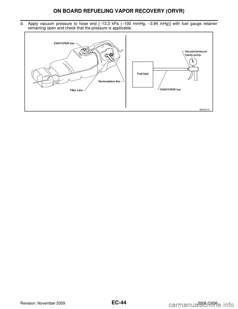 INFINITI QX56 2006  Factory Owners Manual EC-44Revision: November 2009
ON BOARD REFUELING VAPOR RECOVERY (ORVR)
2006 QX56
d. Apply vacuum pressure to hose end [−13.3 kPa ( −100 mmHg,  −3.94 inHg)] with fuel gauge retainer
remaining open