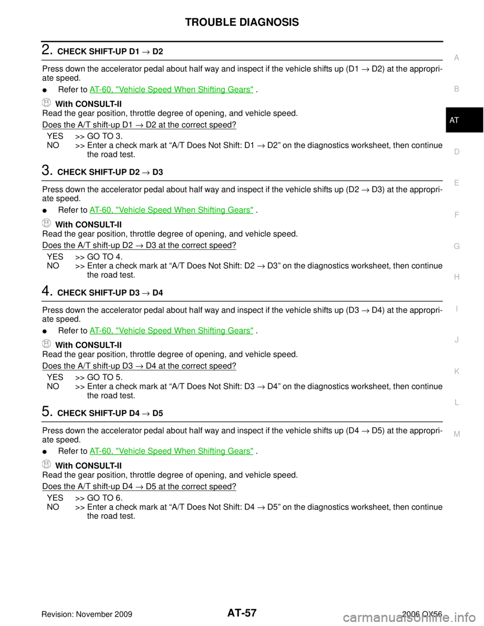 INFINITI QX56 2006  Factory Service Manual TROUBLE DIAGNOSISAT-57
DE
F
G H
I
J
K L
M A
B
AT
Revision: November 2009 2006 QX56
2. CHECK SHIFT-UP D1 → D2
Press down the accelerator pedal about half way and inspect if the vehicle shifts up (D1 