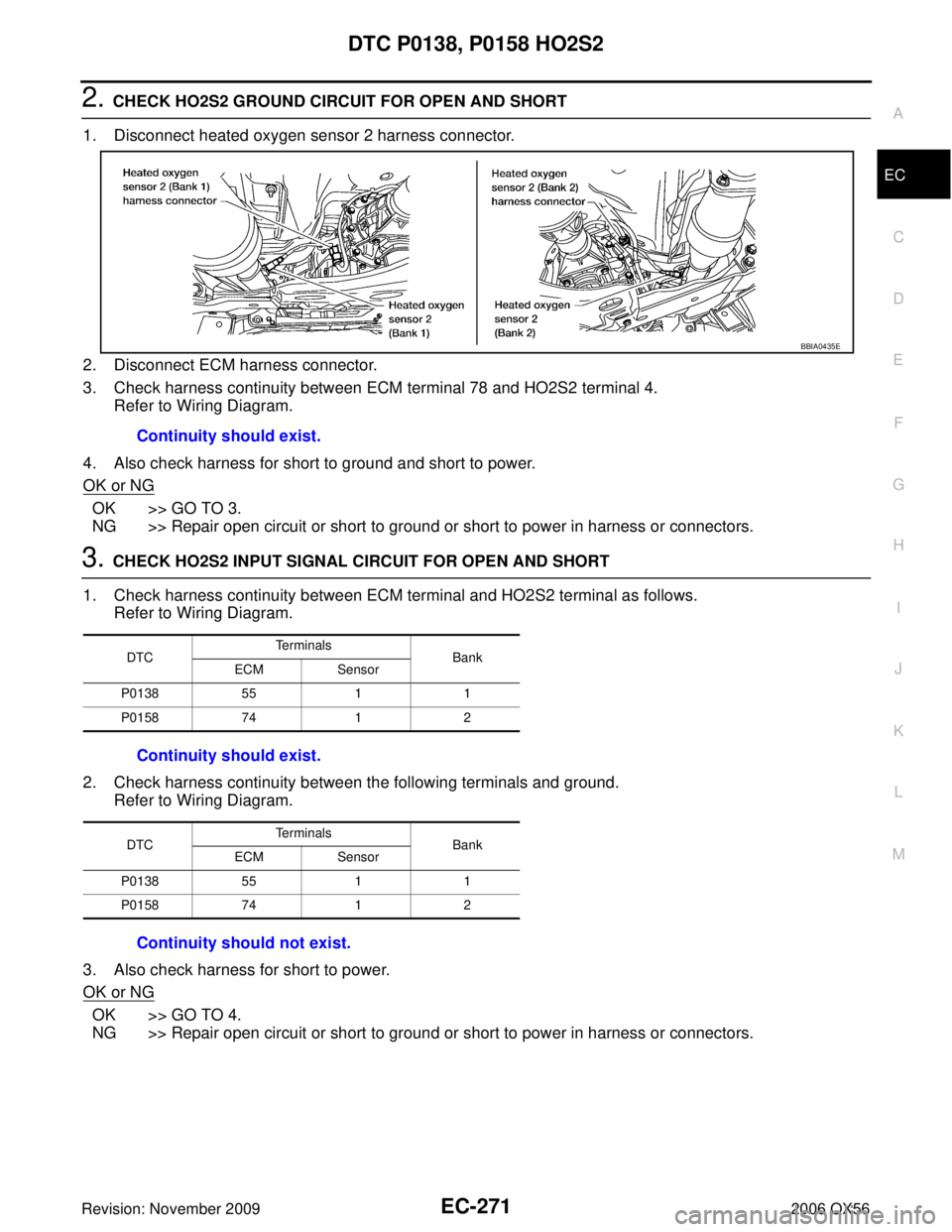 INFINITI QX56 2006  Factory Service Manual DTC P0138, P0158 HO2S2EC-271
C
DE
F
G H
I
J
K L
M A
EC
Revision: November 2009 2006 QX56
2. CHECK HO2S2 GROUND CIRCUIT FOR OPEN AND SHORT
1. Disconnect heated oxygen sensor 2 harness connector.
2. Dis