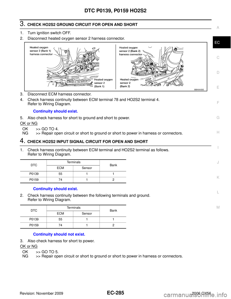 INFINITI QX56 2006  Factory Service Manual DTC P0139, P0159 HO2S2EC-285
C
DE
F
G H
I
J
K L
M A
EC
Revision: November 2009 2006 QX56
3. CHECK HO2S2 GROUND CIRCUIT FOR OPEN AND SHORT
1. Turn ignition switch OFF.
2. Disconnect heated oxygen senso