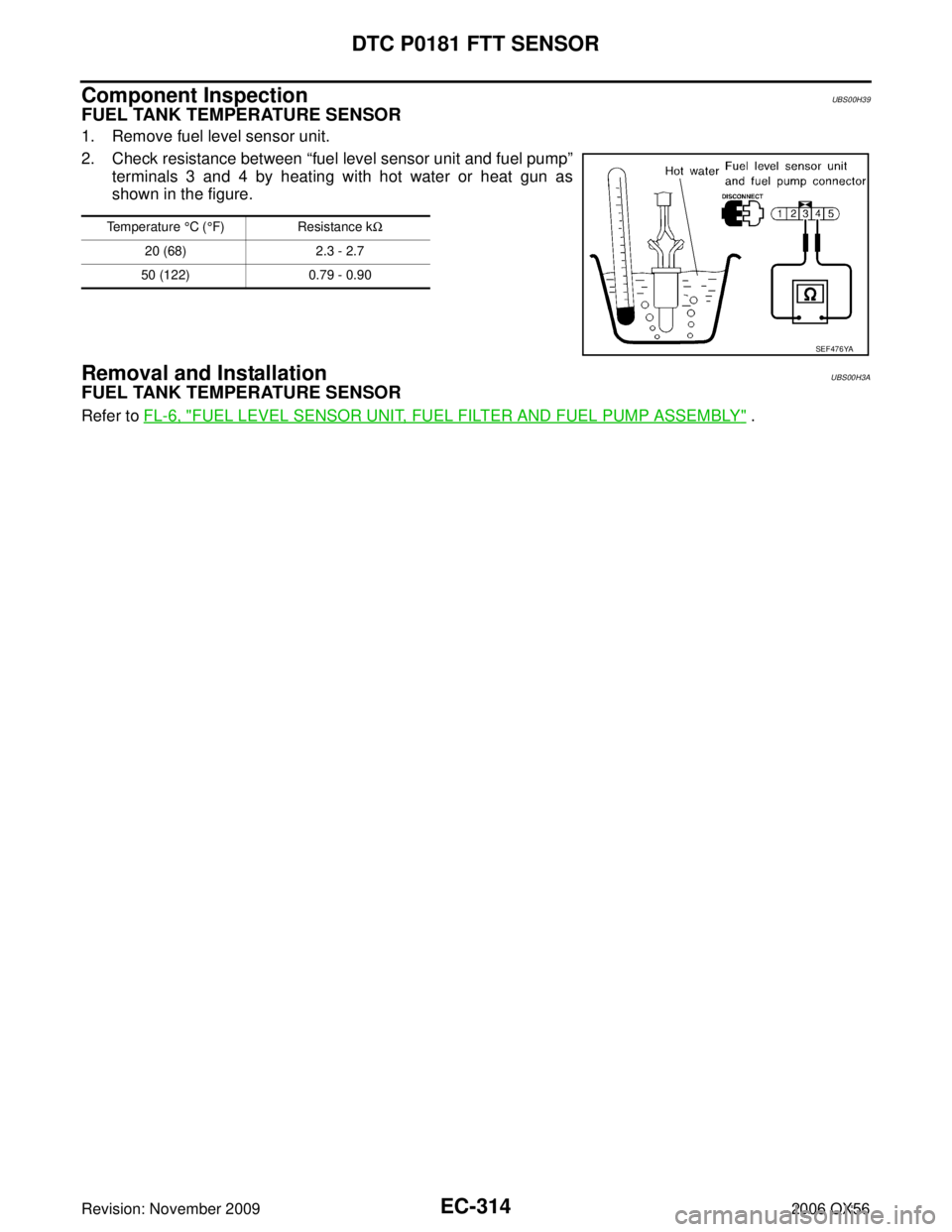 INFINITI QX56 2006  Factory Service Manual EC-314Revision: November 2009
DTC P0181 FTT SENSOR
2006 QX56
Component InspectionUBS00H39
FUEL TANK TEMPERATURE SENSOR
1. Remove fuel level sensor unit.
2. Check resistance between “fuel level senso