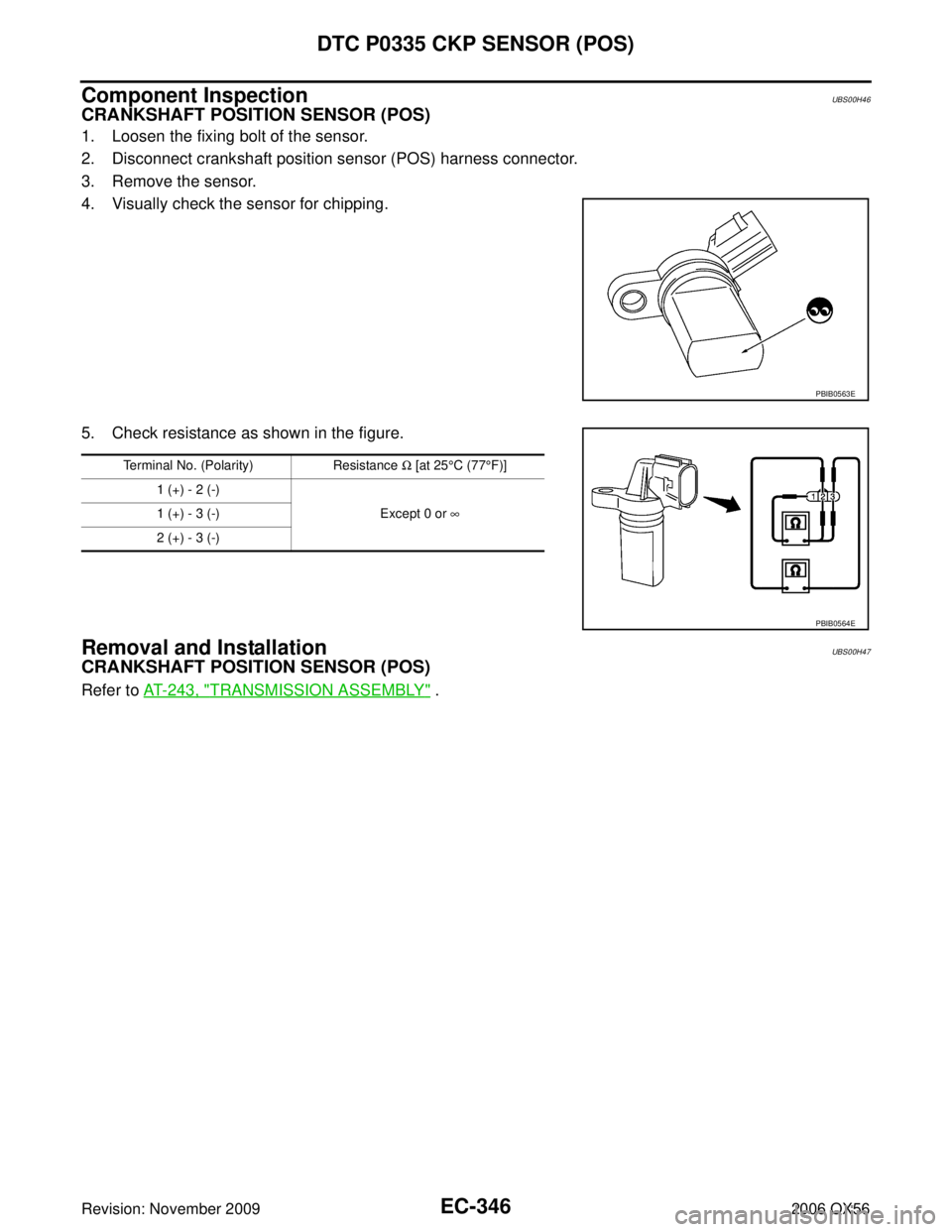 INFINITI QX56 2006  Factory Service Manual EC-346Revision: November 2009
DTC P0335 CKP SENSOR (POS)
2006 QX56
Component InspectionUBS00H46
CRANKSHAFT POSITION SENSOR (POS)
1. Loosen the fixing bolt of the sensor.
2. Disconnect crankshaft posit