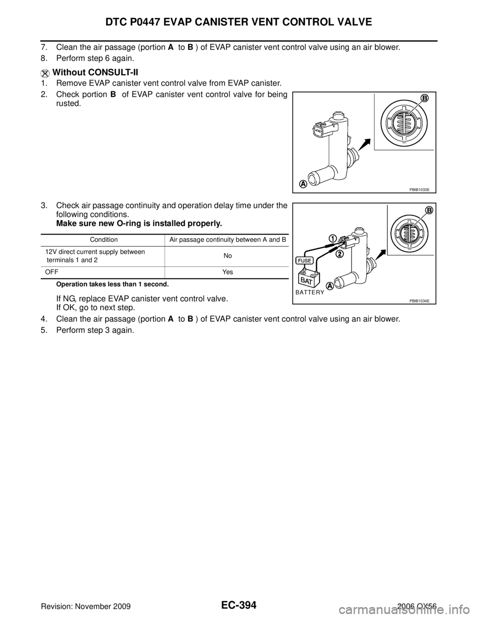INFINITI QX56 2006  Factory Service Manual EC-394Revision: November 2009
DTC P0447 EVAP CANISTER VENT CONTROL VALVE
2006 QX56
7. Clean the air passage (portion A  to B  ) of EVAP canister vent control valve using an air blower.
8. Perform step