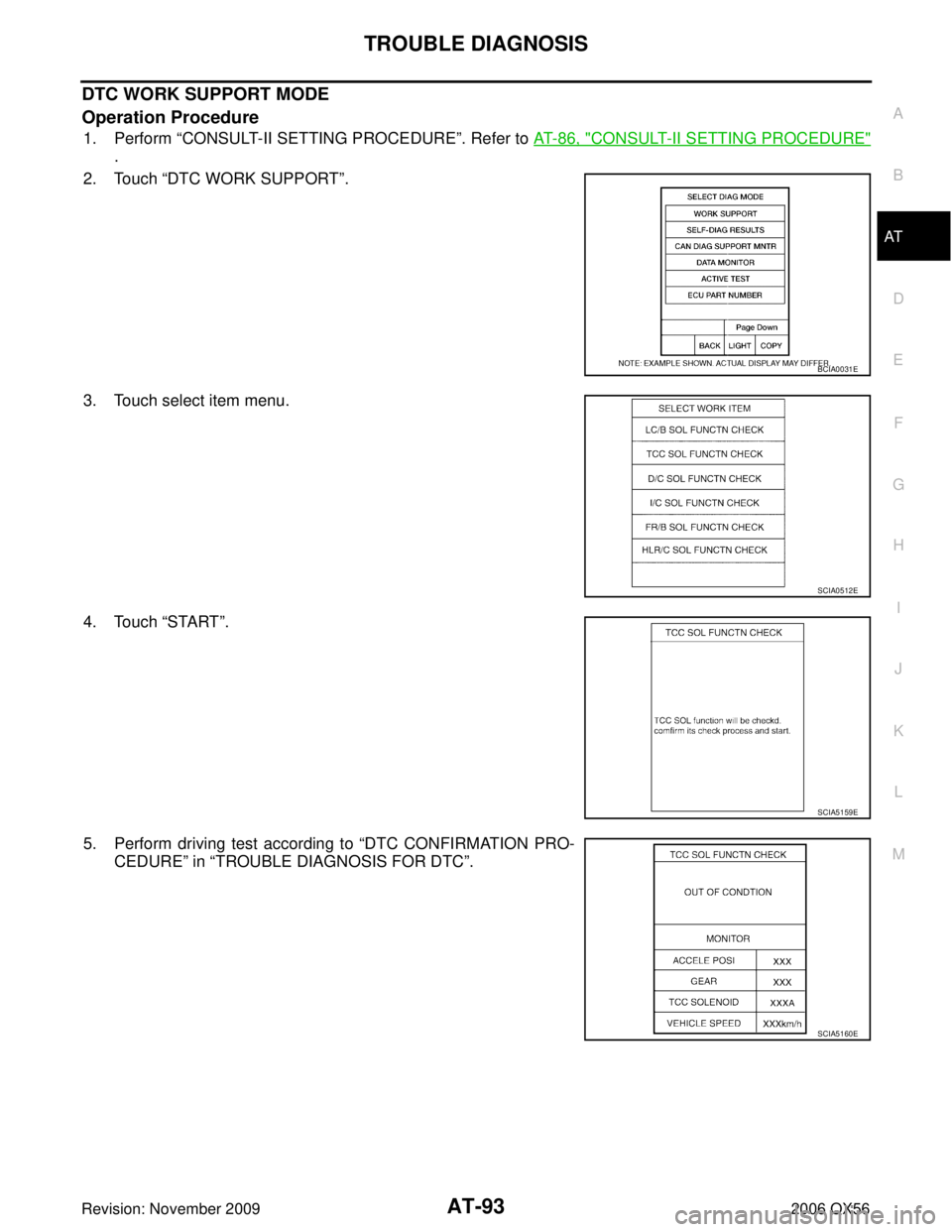 INFINITI QX56 2006  Factory Service Manual TROUBLE DIAGNOSISAT-93
DE
F
G H
I
J
K L
M A
B
AT
Revision: November 2009 2006 QX56
DTC WORK SUPPORT MODE
Operation Procedure
1. Perform “CONSULT-II SETTING PROCEDURE ”. Refer to AT- 8 6 ,  "CONSUL