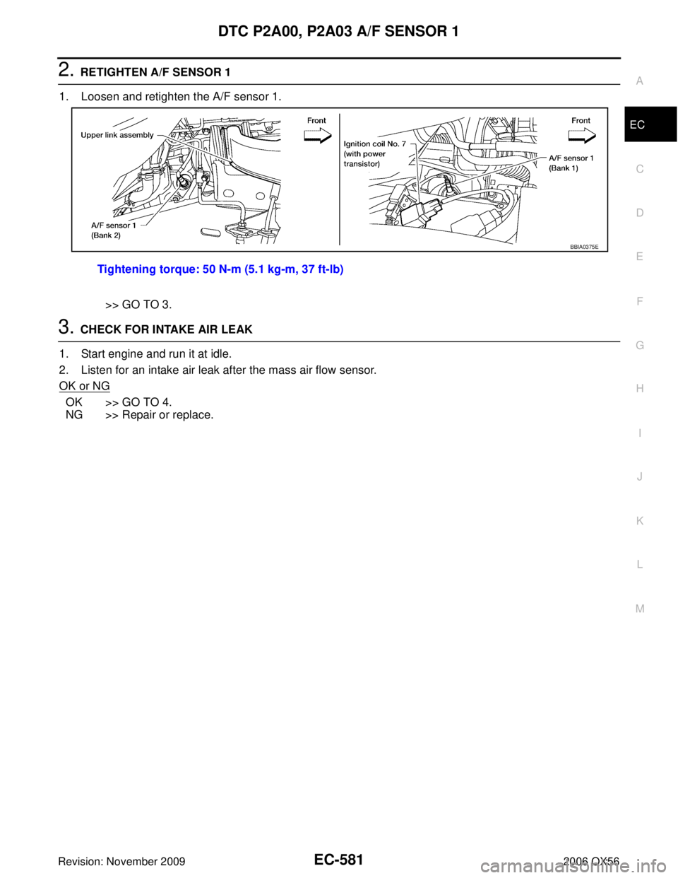 INFINITI QX56 2006  Factory Manual Online DTC P2A00, P2A03 A/F SENSOR 1EC-581
C
DE
F
G H
I
J
K L
M A
EC
Revision: November 2009 2006 QX56
2. RETIGHTEN A/F SENSOR 1
1. Loosen and retighten the A/F sensor 1.
>> GO TO 3.
3. CHECK FOR INTAKE AIR 