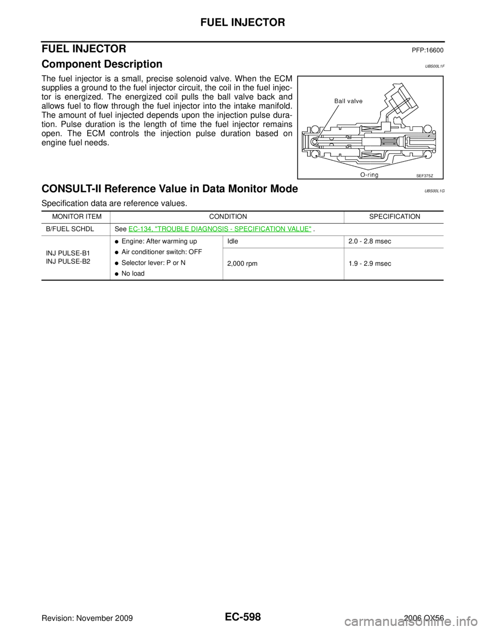INFINITI QX56 2006 Factory Service Manual EC-598Revision: November 2009
FUEL INJECTOR
2006 QX56
FUEL INJECTORPFP:16600
Component DescriptionUBS00L1F
The fuel injector is a small, precise solenoid valve. When the ECM
supplies a ground to the f INFINITI QX56 2006 Factory Service Manual EC-598Revision: November 2009
FUEL INJECTOR
2006 QX56
FUEL INJECTORPFP:16600
Component DescriptionUBS00L1F
The fuel injector is a small, precise solenoid valve. When the ECM
supplies a ground to the f