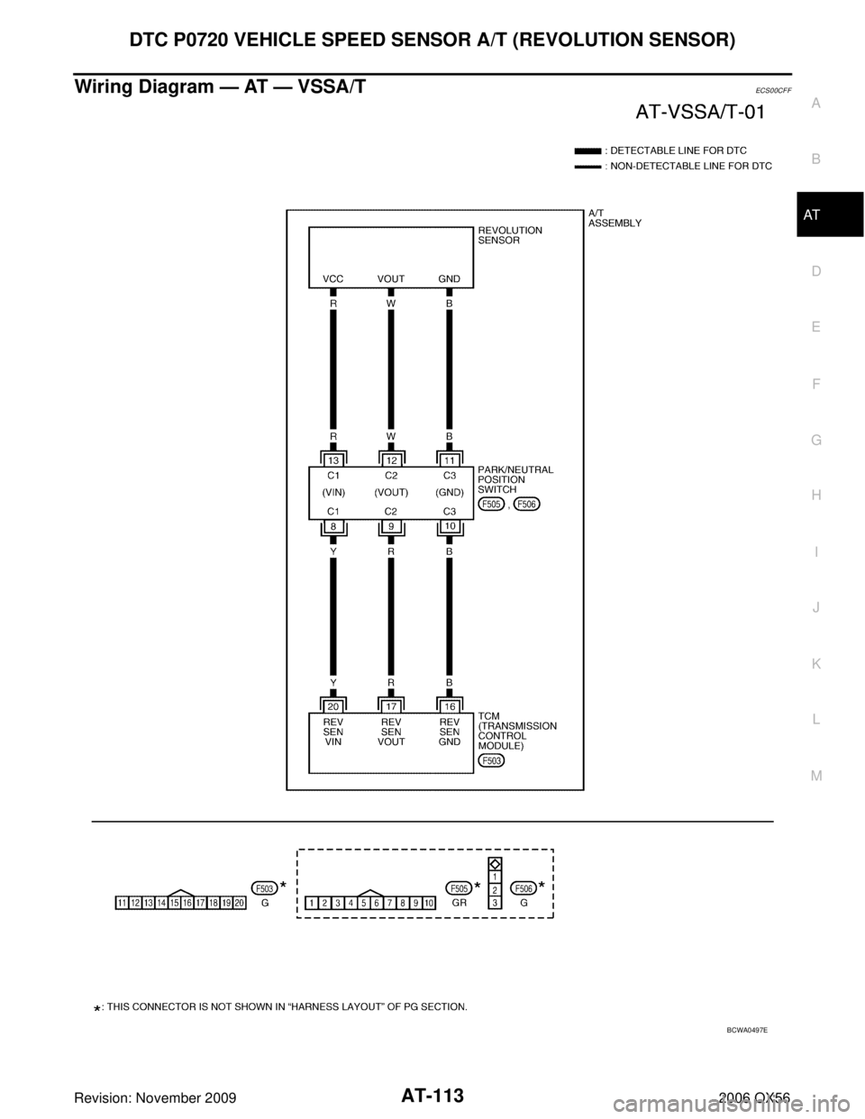 INFINITI QX56 2006 Factory User Guide DTC P0720 VEHICLE SPEED SENSOR A/T (REVOLUTION SENSOR)AT-113
DE
F
G H
I
J
K L
M A
B
AT
Revision: November 2009 2006 QX56
Wiring Diagram — AT — VSSA/TECS00CFF
BCWA0497E INFINITI QX56 2006 Factory User Guide DTC P0720 VEHICLE SPEED SENSOR A/T (REVOLUTION SENSOR)AT-113
DE
F
G H
I
J
K L
M A
B
AT
Revision: November 2009 2006 QX56
Wiring Diagram — AT — VSSA/TECS00CFF
BCWA0497E