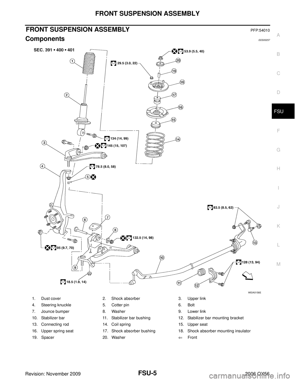 INFINITI QX56 2006  Factory Service Manual FRONT SUSPENSION ASSEMBLYFSU-5
C
DF
G H
I
J
K L
M A
B
FSU
Revision: November 2009 2006 QX56
FRONT SUSPENSION ASSEMBLYPFP:54010
ComponentsEES00257
1. Dust cover2. Shock absorber 3. Upper link
4. Steeri