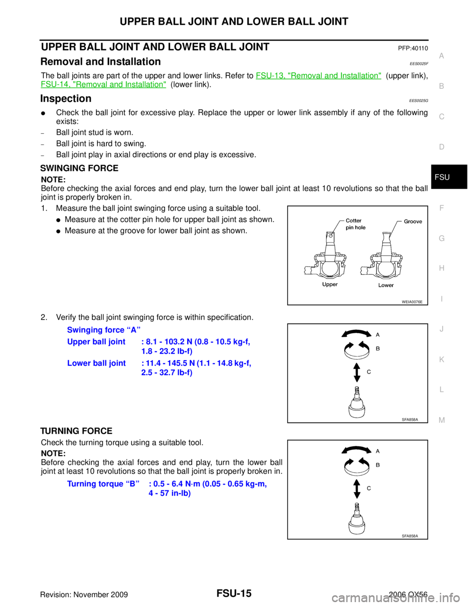 INFINITI QX56 2006  Factory Service Manual UPPER BALL JOINT AND LOWER BALL JOINTFSU-15
C
DF
G H
I
J
K L
M A
B
FSU
Revision: November 2009 2006 QX56
UPPER BALL JOINT AND LOWER BALL JOINTPFP:40110
Removal and InstallationEES0025F
The ball joints