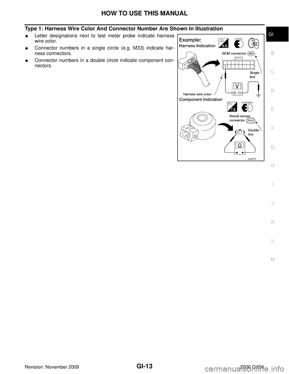 INFINITI QX56 2006  Factory Service Manual HOW TO USE THIS MANUALGI-13
C
DE
F
G H
I
J
K L
M B
GI
Revision: November 2009 2006 QX56
Type 1: Harness Wire Color And Connector Number Are Shown In Illustration
Letter designations next to test mete