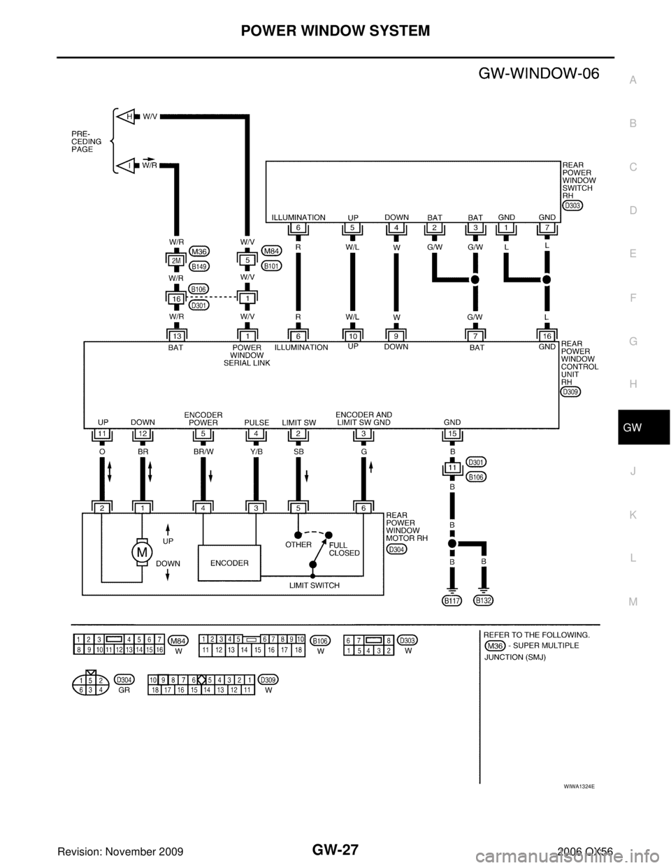 INFINITI QX56 2006  Factory Service Manual POWER WINDOW SYSTEMGW-27
C
DE
F
G H
J
K L
M A
B
GW
Revision: November 2009 2006 QX56
WIWA1324E 