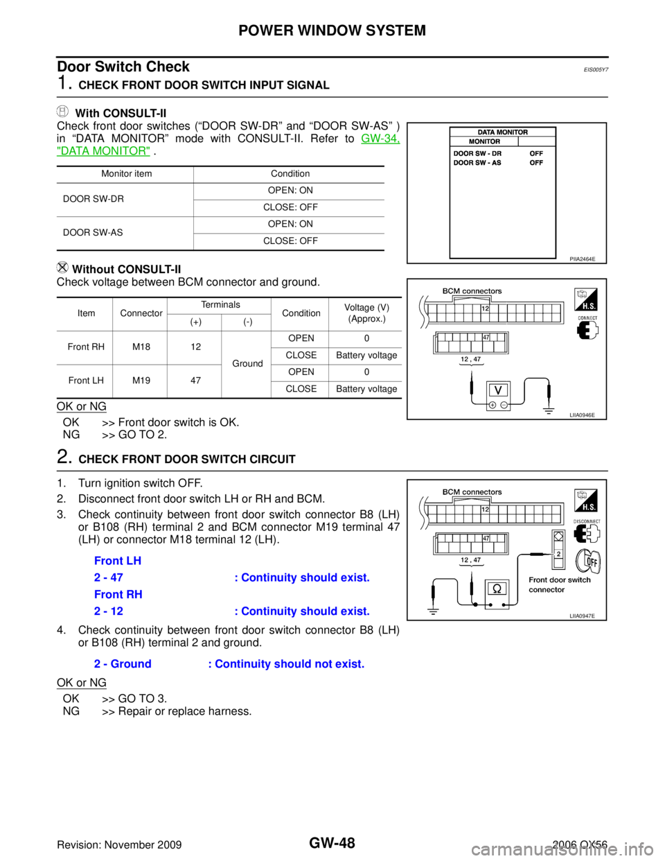 INFINITI QX56 2006 Factory Owners Manual GW-48
POWER WINDOW SYSTEM
Revision: November 20092006 QX56
Door Switch CheckEIS005Y7
1. CHECK FRONT DOOR SWITCH INPUT SIGNAL
With CONSULT-II
Check front door switches ( “DOOR SW-DR” and “DOOR INFINITI QX56 2006 Factory Owners Manual GW-48
POWER WINDOW SYSTEM
Revision: November 20092006 QX56
Door Switch CheckEIS005Y7
1. CHECK FRONT DOOR SWITCH INPUT SIGNAL
With CONSULT-II
Check front door switches ( “DOOR SW-DR” and “DOOR