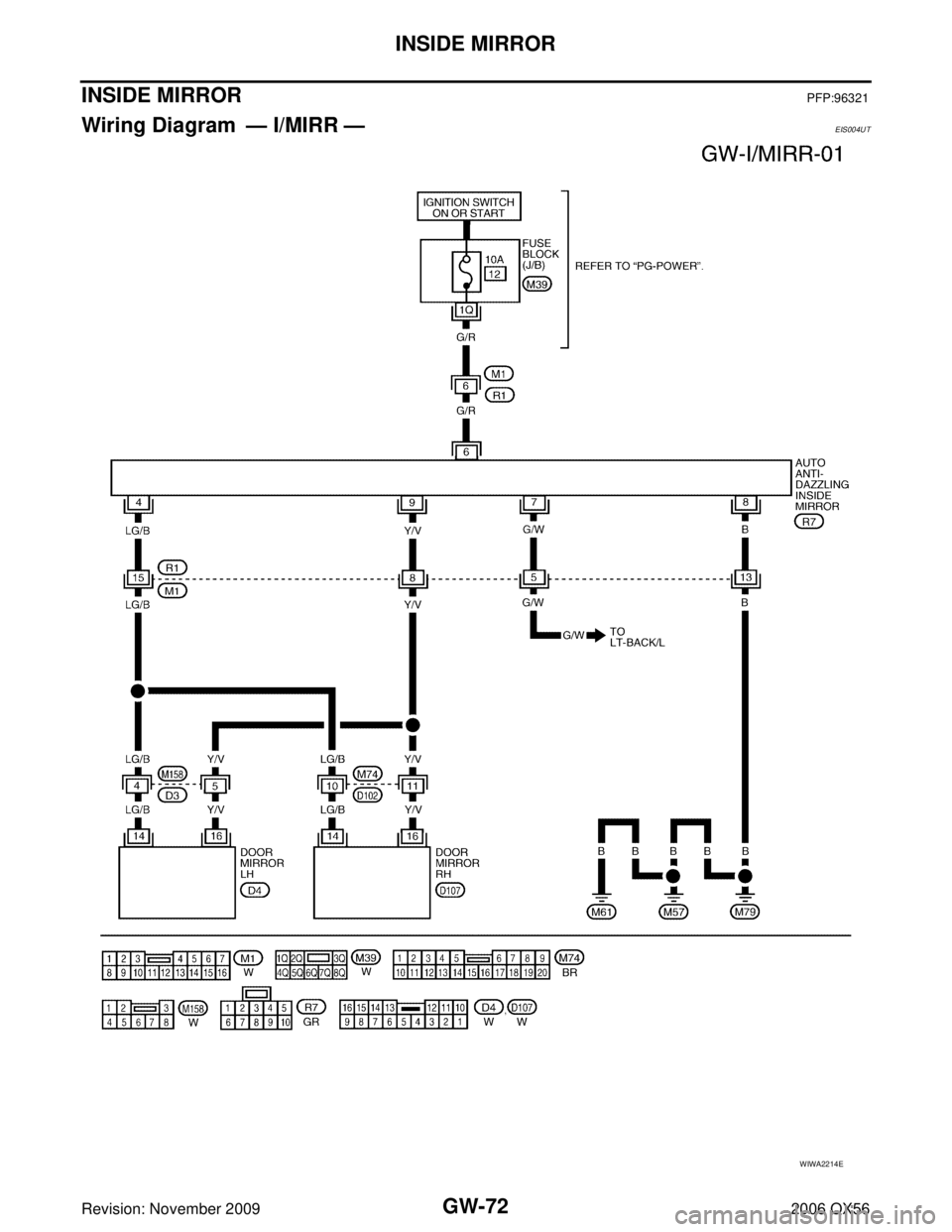INFINITI QX56 2006 Factory User Guide GW-72
INSIDE MIRROR
Revision: November 20092006 QX56
INSIDE MIRRORPFP:96321
Wiring Diagram — I/MIRR —EIS004UT
WIWA2214E INFINITI QX56 2006 Factory User Guide GW-72
INSIDE MIRROR
Revision: November 20092006 QX56
INSIDE MIRRORPFP:96321
Wiring Diagram — I/MIRR —EIS004UT
WIWA2214E