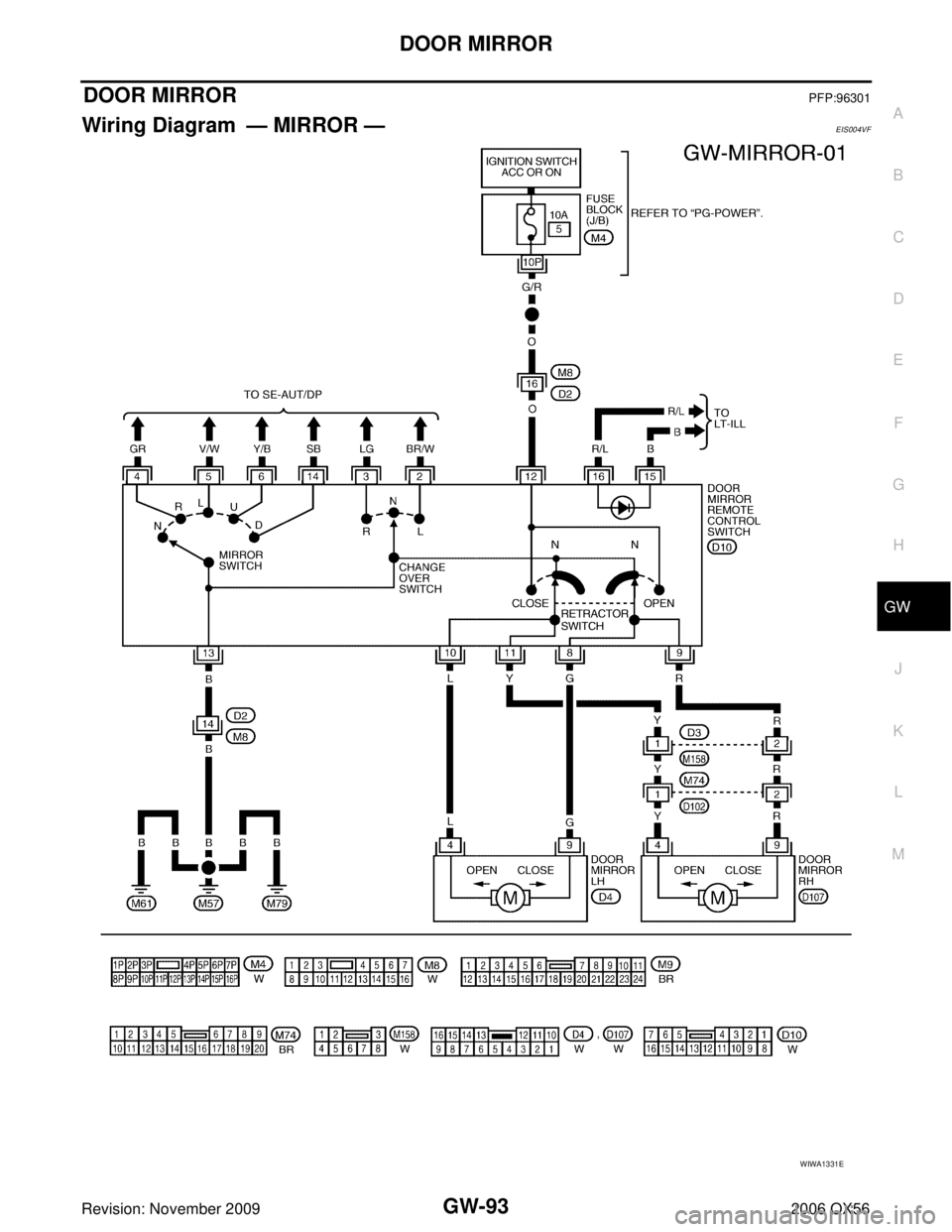 INFINITI QX56 2006 Factory Service Manual DOOR MIRRORGW-93
C
DE
F
G H
J
K L
M A
B
GW
Revision: November 2009 2006 QX56
DOOR MIRRORPFP:96301
Wiring Diagram — MIRROR —EIS004VF
WIWA1331E INFINITI QX56 2006 Factory Service Manual DOOR MIRRORGW-93
C
DE
F
G H
J
K L
M A
B
GW
Revision: November 2009 2006 QX56
DOOR MIRRORPFP:96301
Wiring Diagram — MIRROR —EIS004VF
WIWA1331E