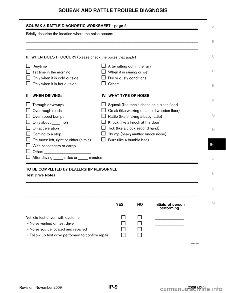 INFINITI QX56 2006  Factory Service Manual SQUEAK AND RATTLE TROUBLE DIAGNOSISIP-9
C
DE
F
G H
J
K L
M A
B
IP
Revision: November 2009 2006 QX56
LAIA0071E 