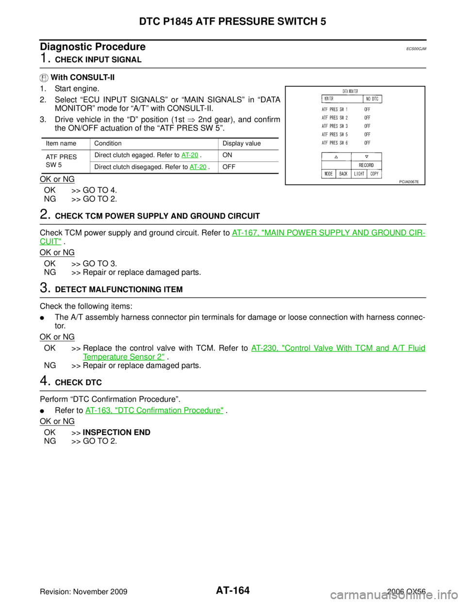 INFINITI QX56 2006 Factory Service Manual AT-164
DTC P1845 ATF PRESSURE SWITCH 5
Revision: November 20092006 QX56
Diagnostic ProcedureECS00CJM
1. CHECK INPUT SIGNAL
With CONSULT-II
1. Start engine.
2. Select “ECU INPUT SIGNALS ” or “ INFINITI QX56 2006 Factory Service Manual AT-164
DTC P1845 ATF PRESSURE SWITCH 5
Revision: November 20092006 QX56
Diagnostic ProcedureECS00CJM
1. CHECK INPUT SIGNAL
With CONSULT-II
1. Start engine.
2. Select “ECU INPUT SIGNALS ” or “