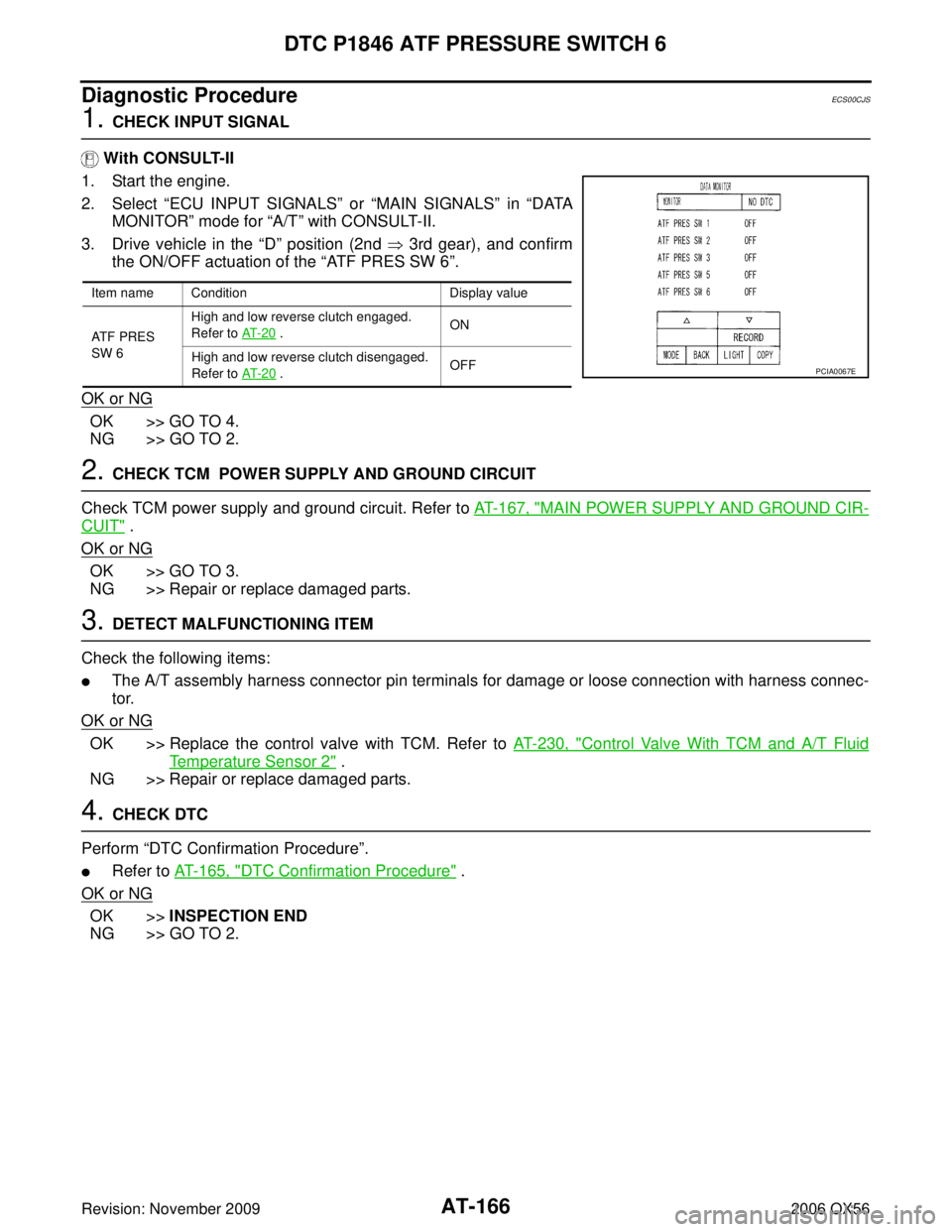INFINITI QX56 2006 Factory Service Manual AT-166
DTC P1846 ATF PRESSURE SWITCH 6
Revision: November 20092006 QX56
Diagnostic ProcedureECS00CJS
1. CHECK INPUT SIGNAL
With CONSULT-II
1. Start the engine.
2. Select “ECU INPUT SIGNALS ” o INFINITI QX56 2006 Factory Service Manual AT-166
DTC P1846 ATF PRESSURE SWITCH 6
Revision: November 20092006 QX56
Diagnostic ProcedureECS00CJS
1. CHECK INPUT SIGNAL
With CONSULT-II
1. Start the engine.
2. Select “ECU INPUT SIGNALS ” o
