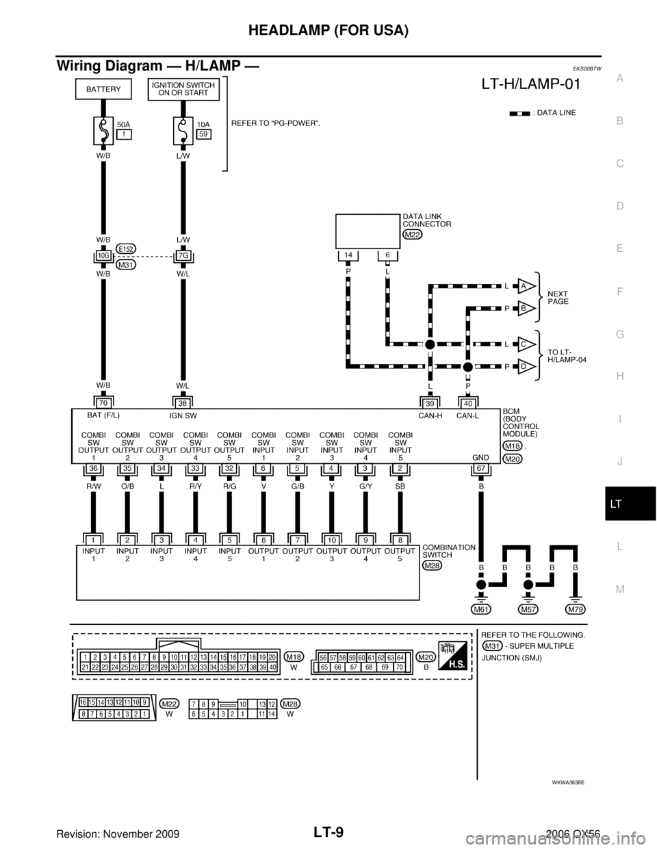INFINITI QX56 2006  Factory Owners Guide HEADLAMP (FOR USA)LT-9
C
DE
F
G H
I
J
L
M A
B
LT
Revision: November 2009 2006 QX56
Wiring Diagram — H/LAMP —EKS00B7W
WKWA3638E 