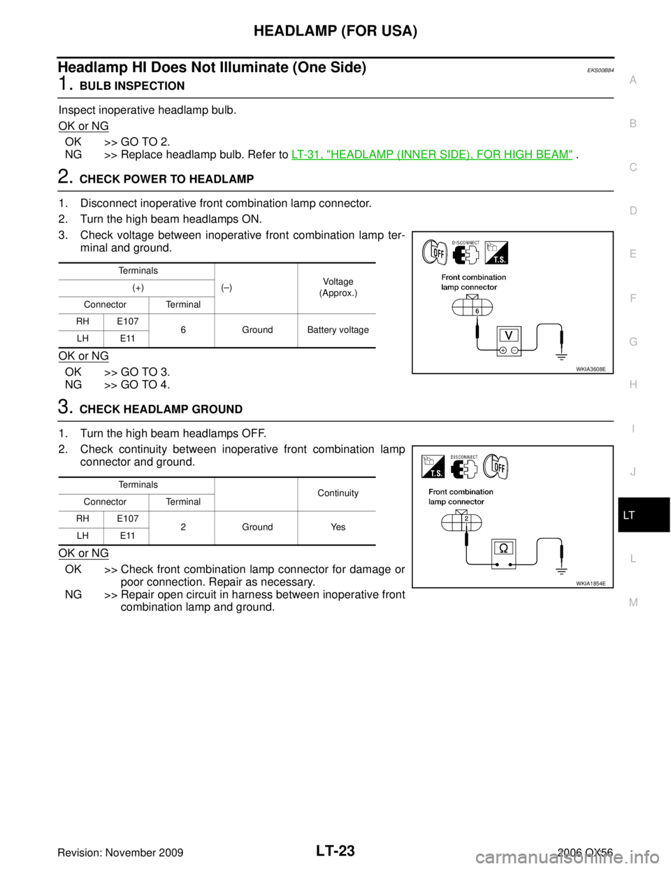 INFINITI QX56 2006  Factory User Guide HEADLAMP (FOR USA)LT-23
C
DE
F
G H
I
J
L
M A
B
LT
Revision: November 2009 2006 QX56
Headlamp HI Does Not Illuminate (One Side)EKS00B84
1. BULB INSPECTION
Inspect inoperative headlamp bulb.
OK or NG
OK