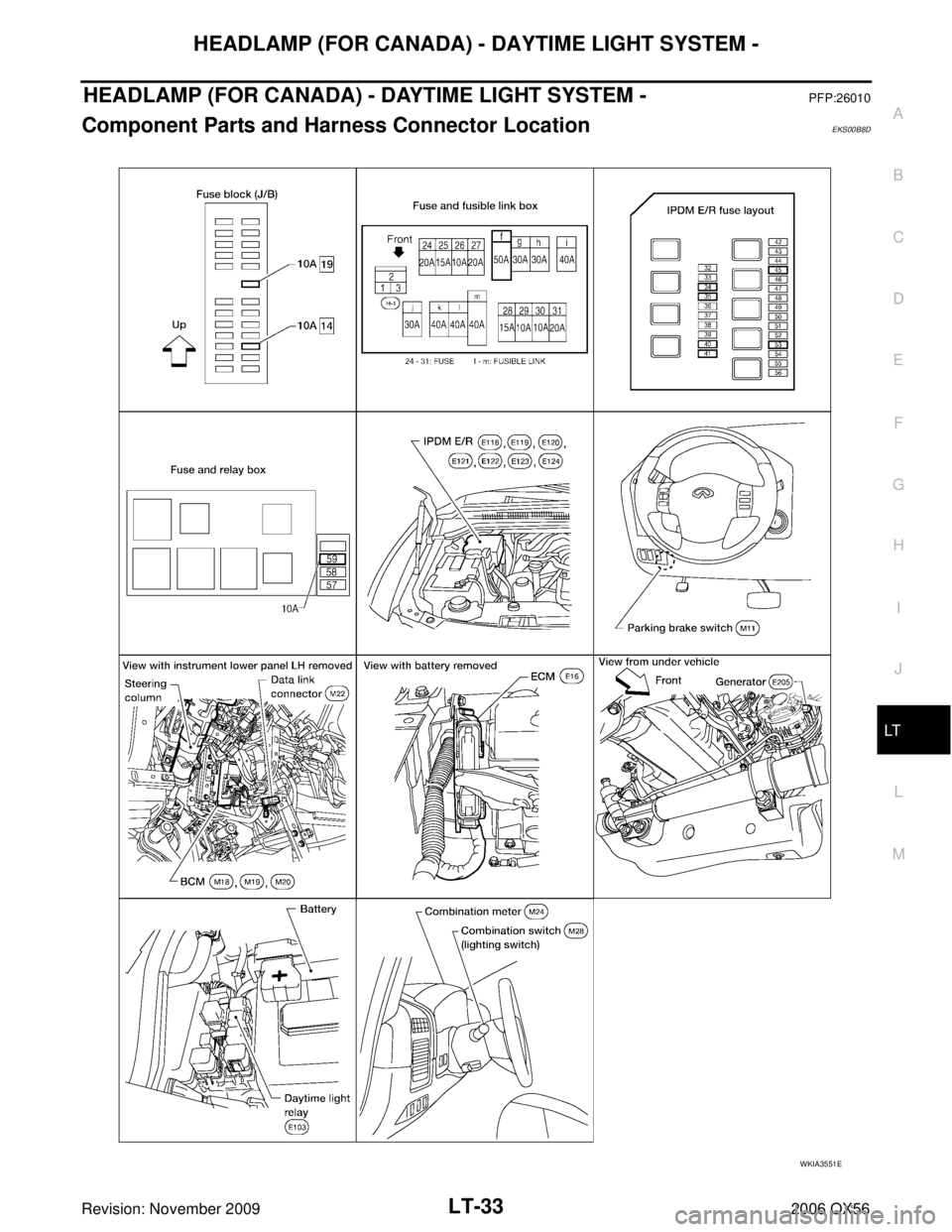 INFINITI QX56 2006  Factory Service Manual HEADLAMP (FOR CANADA) - DAYTIME LIGHT SYSTEM -LT-33
C
DE
F
G H
I
J
L
M A
B
LT
Revision: November 2009 2006 QX56
HEADLAMP (FOR CANADA) - DAYTIME LIGHT SYSTEM -PFP:26010
Component Parts and Harness Conn