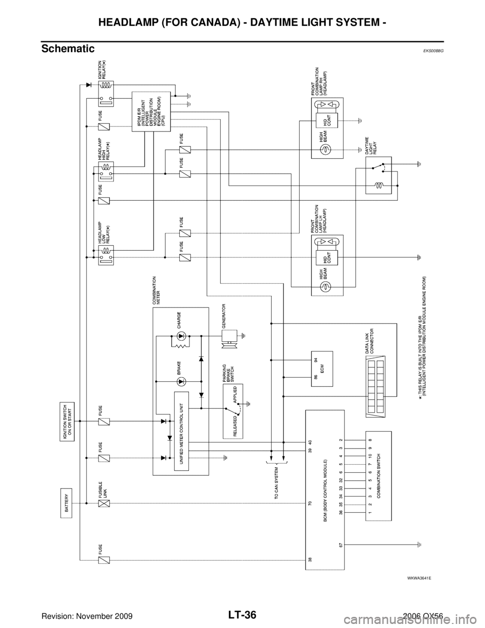 INFINITI QX56 2006  Factory Repair Manual LT-36
HEADLAMP (FOR CANADA) - DAYTIME LIGHT SYSTEM -
Revision: November 20092006 QX56
SchematicEKS00B8G
WKWA3641E 