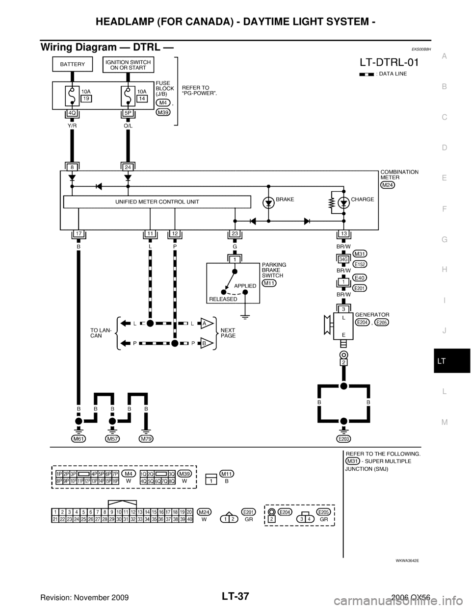 INFINITI QX56 2006  Factory Repair Manual HEADLAMP (FOR CANADA) - DAYTIME LIGHT SYSTEM -LT-37
C
DE
F
G H
I
J
L
M A
B
LT
Revision: November 2009 2006 QX56
Wiring Diagram — DTRL —EKS00B8H
WKWA3642E 