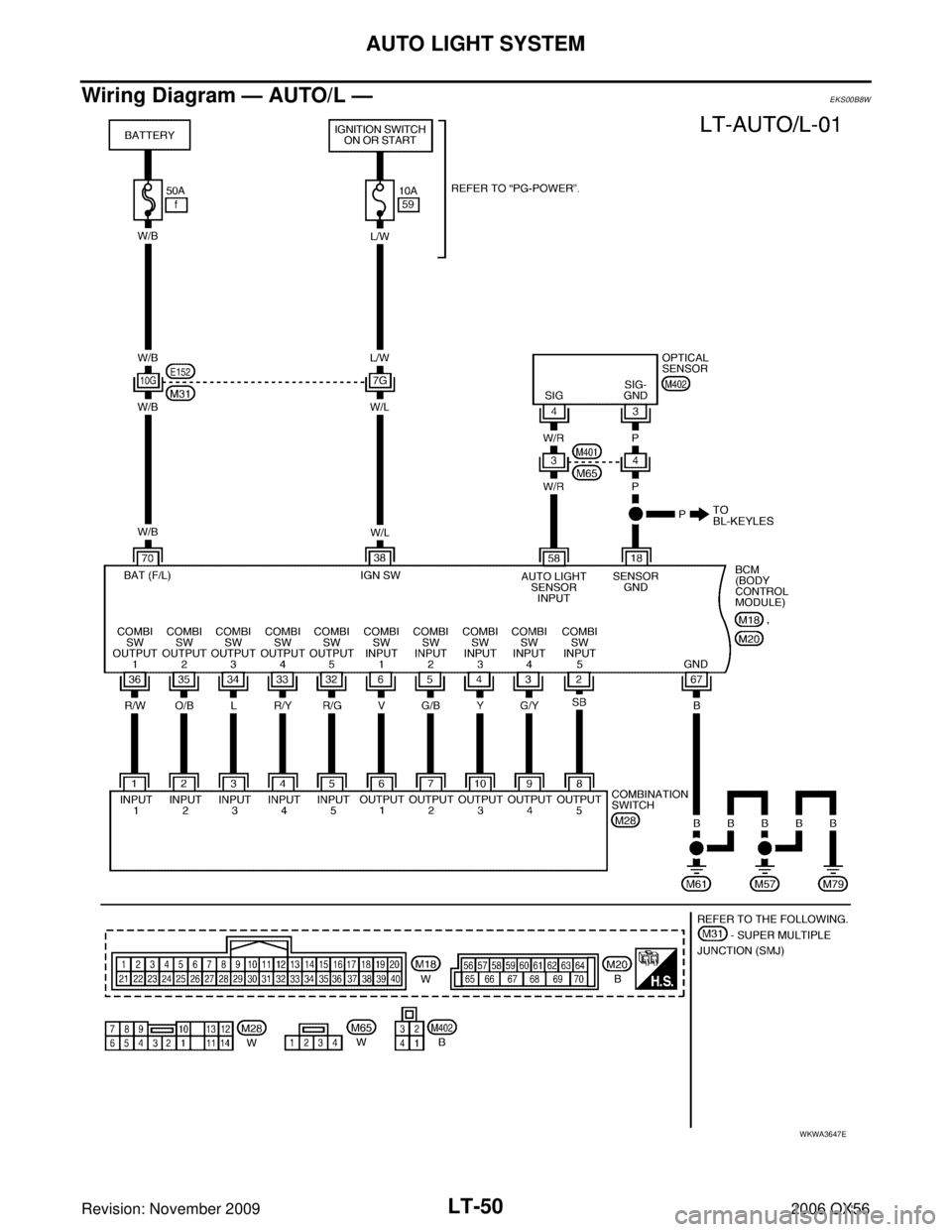 INFINITI QX56 2006  Factory Service Manual LT-50
AUTO LIGHT SYSTEM
Revision: November 20092006 QX56
Wiring Diagram — AUTO/L —EKS00B8W
WKWA3647E 