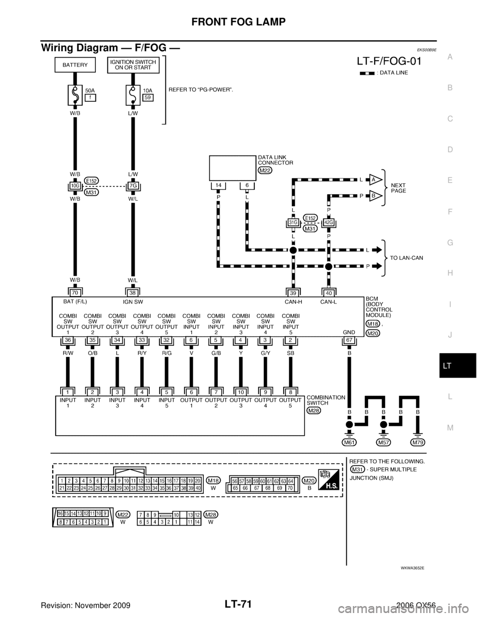INFINITI QX56 2006  Factory Service Manual FRONT FOG LAMPLT-71
C
DE
F
G H
I
J
L
M A
B
LT
Revision: November 2009 2006 QX56
Wiring Diagram — F/FOG —EKS00B9E
WKWA3652E 