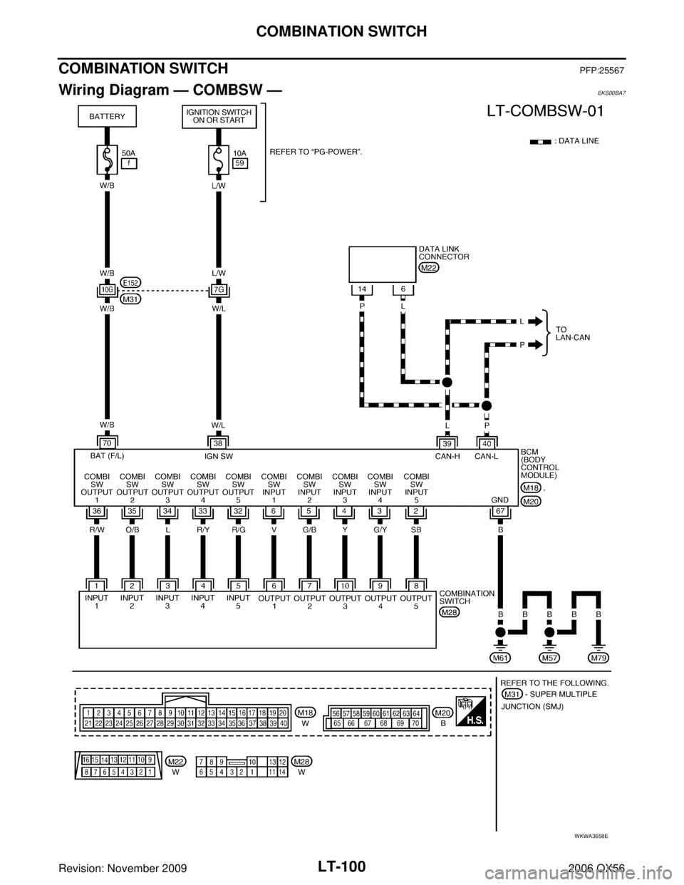 INFINITI QX56 2006  Factory Service Manual LT-100
COMBINATION SWITCH
Revision: November 20092006 QX56
COMBINATION SWITCHPFP:25567
Wiring Diagram — COMBSW —EKS00BA7
WKWA3658E 