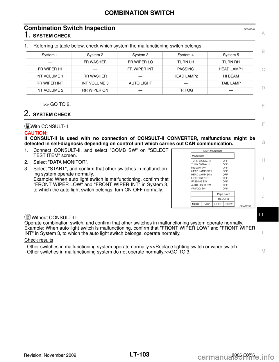 INFINITI QX56 2006 Factory Owners Guide COMBINATION SWITCHLT-103
C
DE
F
G H
I
J
L
M A
B
LT
Revision: November 2009 2006 QX56
Combination Switch InspectionEKS00BAA
1. SYSTEM CHECK
1. Referring to table below, check which system the malfuncti INFINITI QX56 2006 Factory Owners Guide COMBINATION SWITCHLT-103
C
DE
F
G H
I
J
L
M A
B
LT
Revision: November 2009 2006 QX56
Combination Switch InspectionEKS00BAA
1. SYSTEM CHECK
1. Referring to table below, check which system the malfuncti