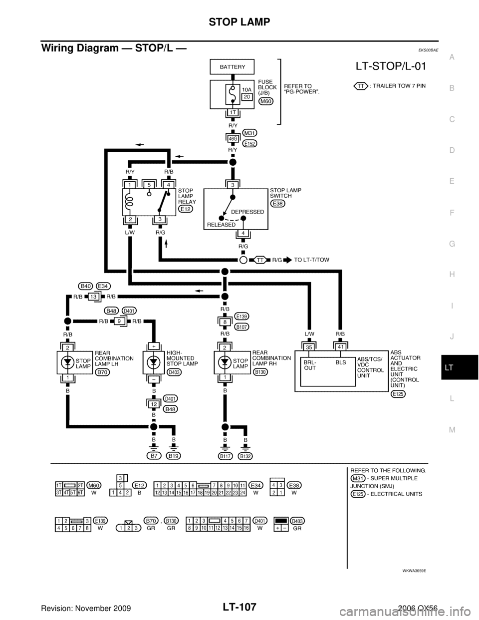 INFINITI QX56 2006  Factory Service Manual STOP LAMPLT-107
C
DE
F
G H
I
J
L
M A
B
LT
Revision: November 2009 2006 QX56
Wiring Diagram — STOP/L —EKS00BAE
WKWA3659E 
