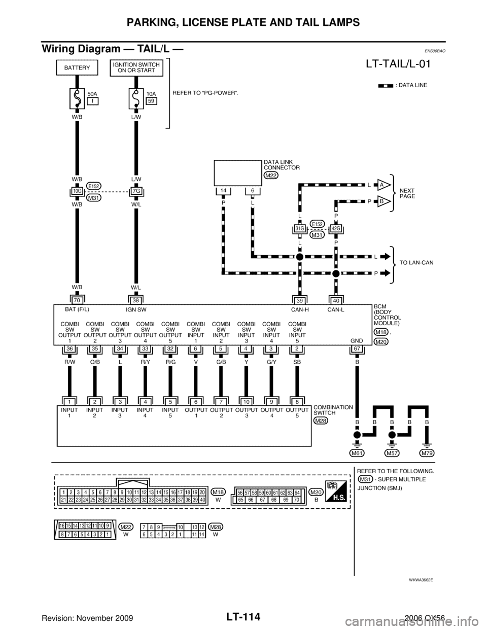 INFINITI QX56 2006  Factory Service Manual LT-114
PARKING, LICENSE PLATE AND TAIL LAMPS
Revision: November 20092006 QX56
Wiring Diagram — TAIL/L —EKS00BAO
WKWA3662E 