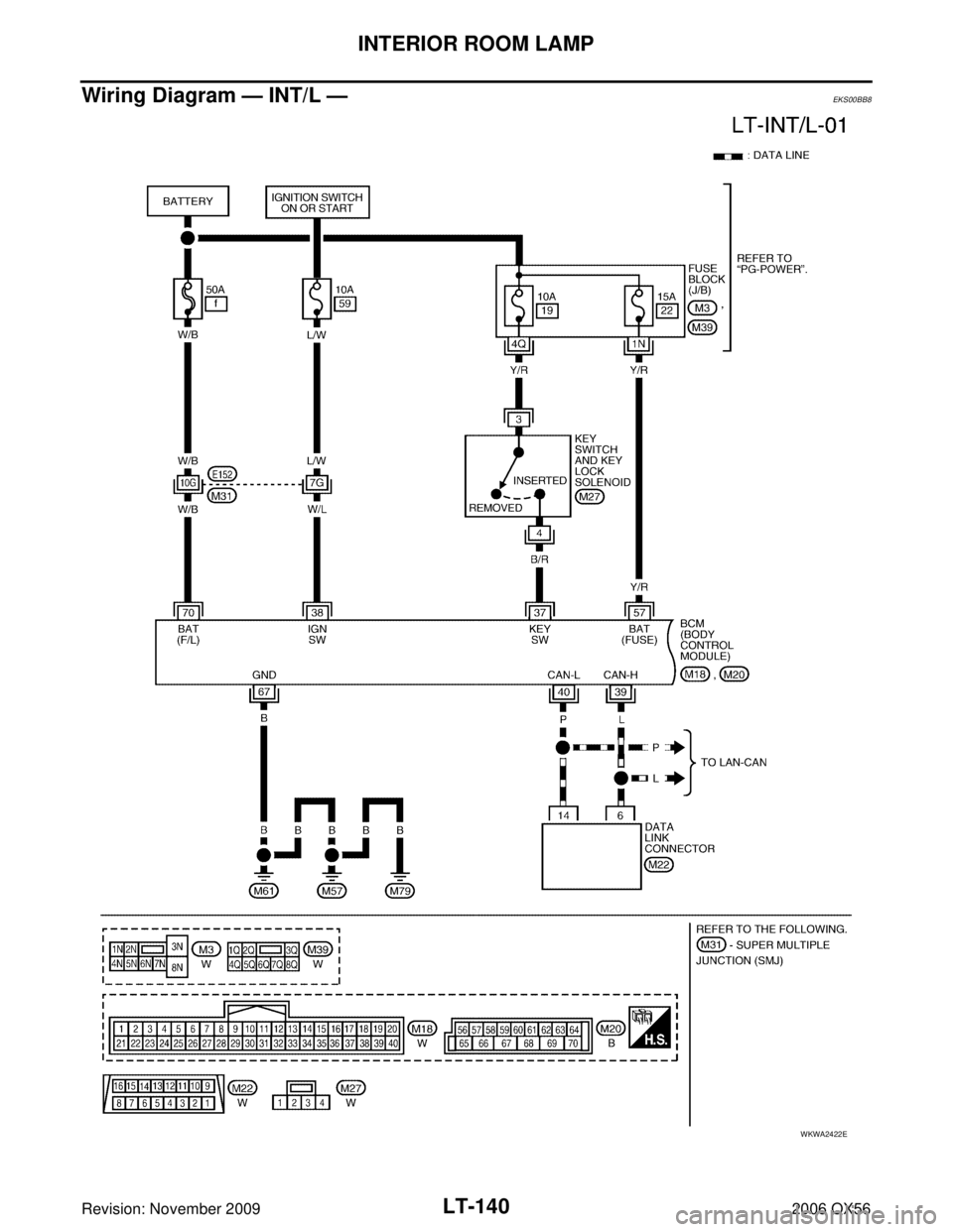 INFINITI QX56 2006  Factory Service Manual LT-140
INTERIOR ROOM LAMP
Revision: November 20092006 QX56
Wiring Diagram — INT/L —EKS00BB8
WKWA2422E 