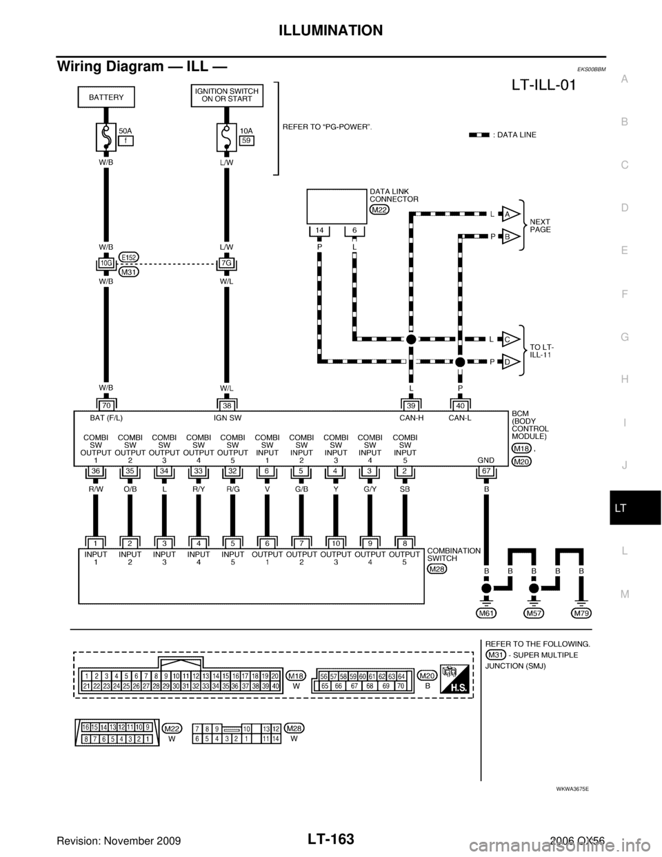 INFINITI QX56 2006  Factory Service Manual ILLUMINATIONLT-163
C
DE
F
G H
I
J
L
M A
B
LT
Revision: November 2009 2006 QX56
Wiring Diagram — ILL —EKS00BBM
WKWA3675E 