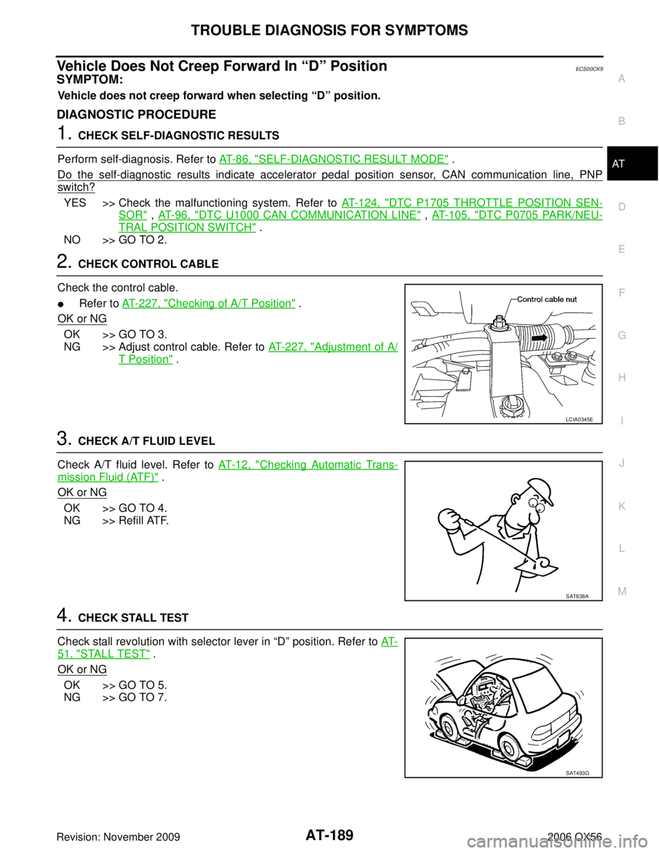INFINITI QX56 2006  Factory Service Manual TROUBLE DIAGNOSIS FOR SYMPTOMSAT-189
DE
F
G H
I
J
K L
M A
B
AT
Revision: November 2009 2006 QX56
Vehicle Does Not Creep Forward In “D” PositionECS00CK9
SYMPTOM:
Vehicle does not creep forward when