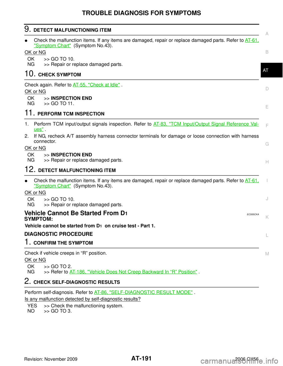 INFINITI QX56 2006  Factory Service Manual TROUBLE DIAGNOSIS FOR SYMPTOMSAT-191
DE
F
G H
I
J
K L
M A
B
AT
Revision: November 2009 2006 QX56
9. DETECT MALFUNCTIONING ITEM
Check the malfunction items. If any items are damaged, repair or replace