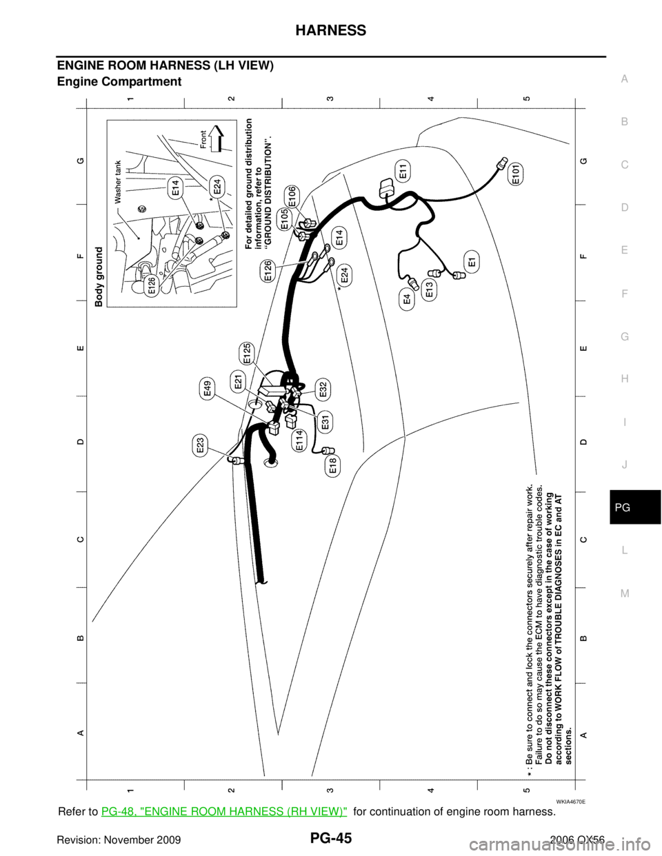 INFINITI QX56 2006  Factory Service Manual HARNESSPG-45
C
DE
F
G H
I
J
L
M A
B
PG
Revision: November 2009 2006 QX56
ENGINE ROOM HARNESS (LH VIEW)
Engine Compartment
Refer to PG-48, "ENGINE ROOM HARNESS (RH VIEW)"  for continuation of engine ro