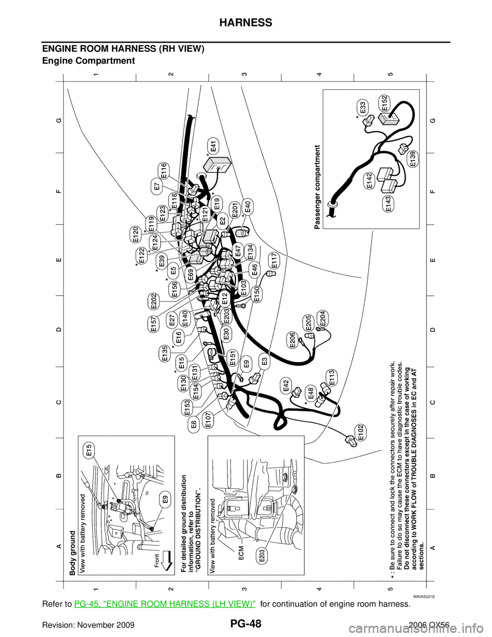 INFINITI QX56 2006  Factory Service Manual PG-48
HARNESS
Revision: November 20092006 QX56
ENGINE ROOM HARNESS (RH VIEW)
Engine Compartment
Refer to PG-45, "ENGINE ROOM HARNESS (LH VIEW)"  for continuation of engine room harness.
WKIA5321E 