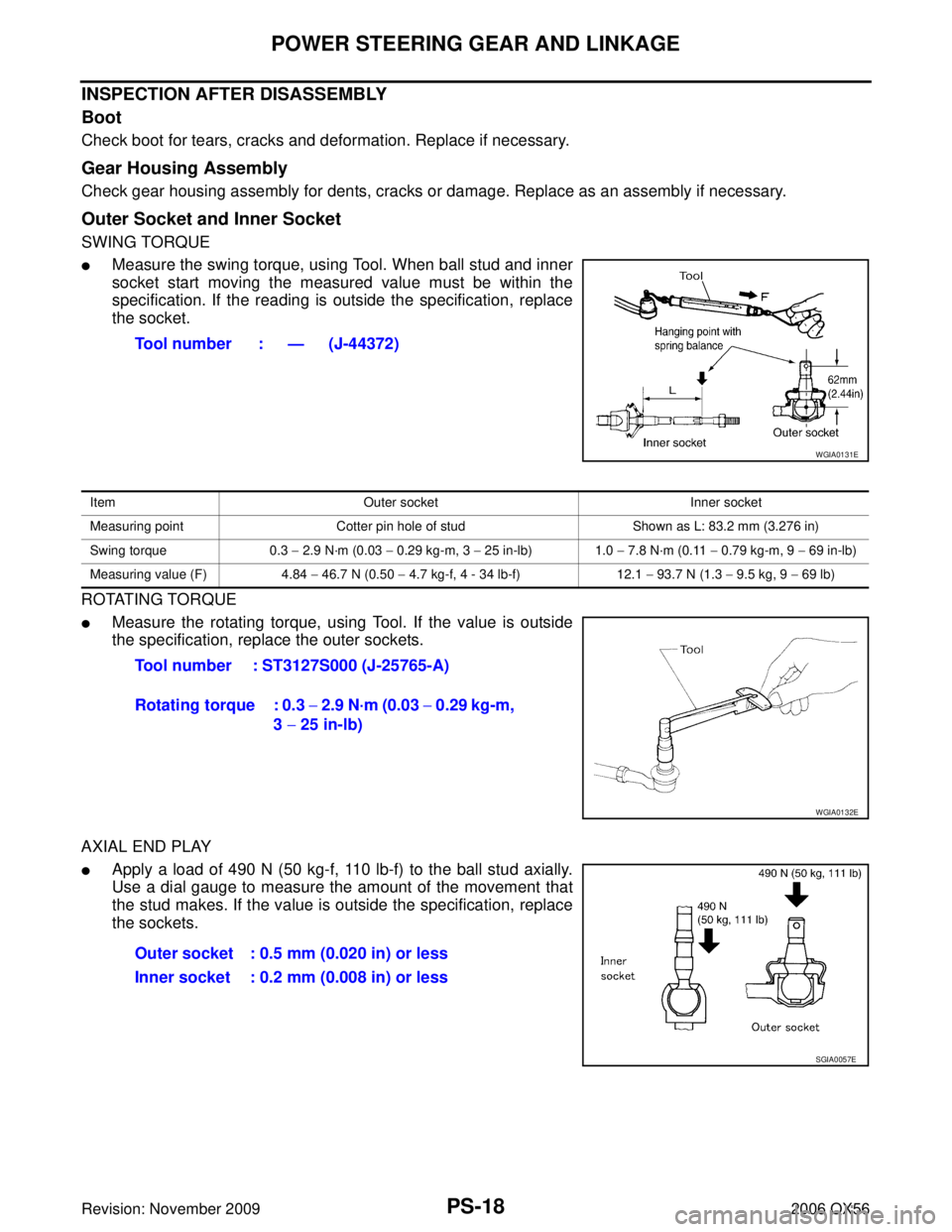 INFINITI QX56 2006  Factory Service Manual PS-18
POWER STEERING GEAR AND LINKAGE
Revision: November 20092006 QX56
INSPECTION AFTER DISASSEMBLY
Boot
Check boot for tears, cracks and deformation. Replace if necessary.
Gear Housing Assembly
Check
