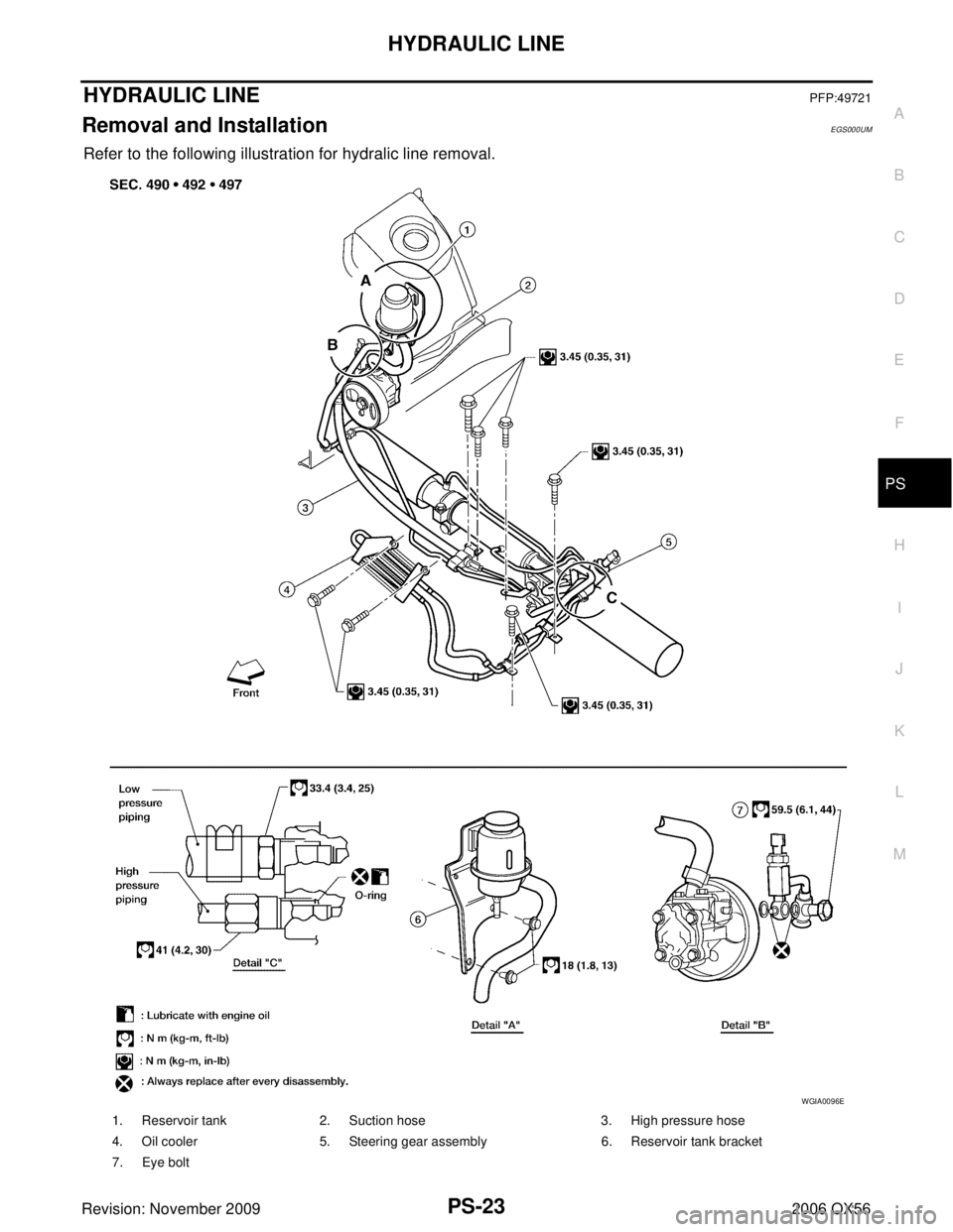 INFINITI QX56 2006  Factory Service Manual HYDRAULIC LINEPS-23
C
DE
F
H I
J
K L
M A
B
PS
Revision: November 2009 2006 QX56
HYDRAULIC LINEPFP:49721
Removal and InstallationEGS000UM
Refer to the following illustration for hydralic line removal.
