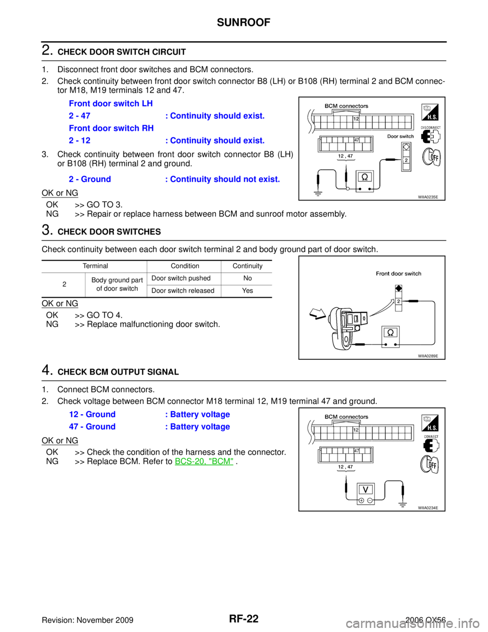 INFINITI QX56 2006 Factory Service Manual RF-22
SUNROOF
Revision: November 20092006 QX56
2. CHECK DOOR SWITCH CIRCUIT
1. Disconnect front door switches and BCM connectors.
2. Check continuity between front door switch connector B8 (LH) or B1 INFINITI QX56 2006 Factory Service Manual RF-22
SUNROOF
Revision: November 20092006 QX56
2. CHECK DOOR SWITCH CIRCUIT
1. Disconnect front door switches and BCM connectors.
2. Check continuity between front door switch connector B8 (LH) or B1