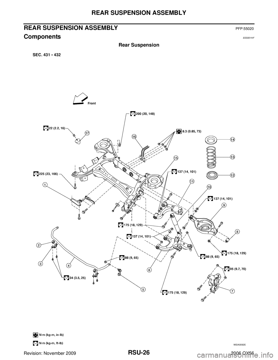 INFINITI QX56 2006  Factory Workshop Manual RSU-26
REAR SUSPENSION ASSEMBLY
Revision: November 20092006 QX56
REAR SUSPENSION ASSEMBLYPFP:55020
ComponentsEES001HF
Rear Suspension
WEIA0092E 